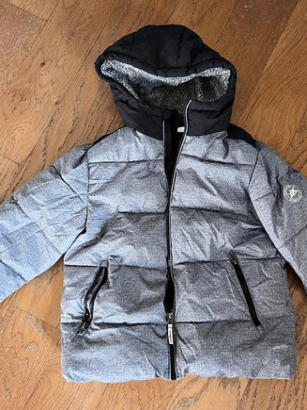 Kids Gray & Black Hooded Puffer Jacket Like New , Fleece